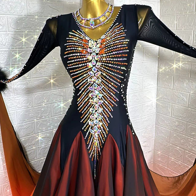 Custom Size Orange Competition Ballroom Dance Dresses for Women Diamond Waltz Tango Rhythm Performance Long Gown