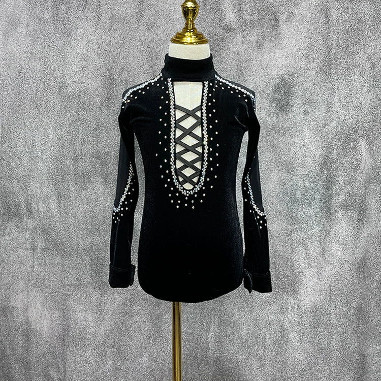 Children's Latin Dance Shirts Boys Black Velvet Rhinestones Ballroom Latin Grading Competition Performance Tops Modern Dance Shirt for Kids - Moderndancedress.com