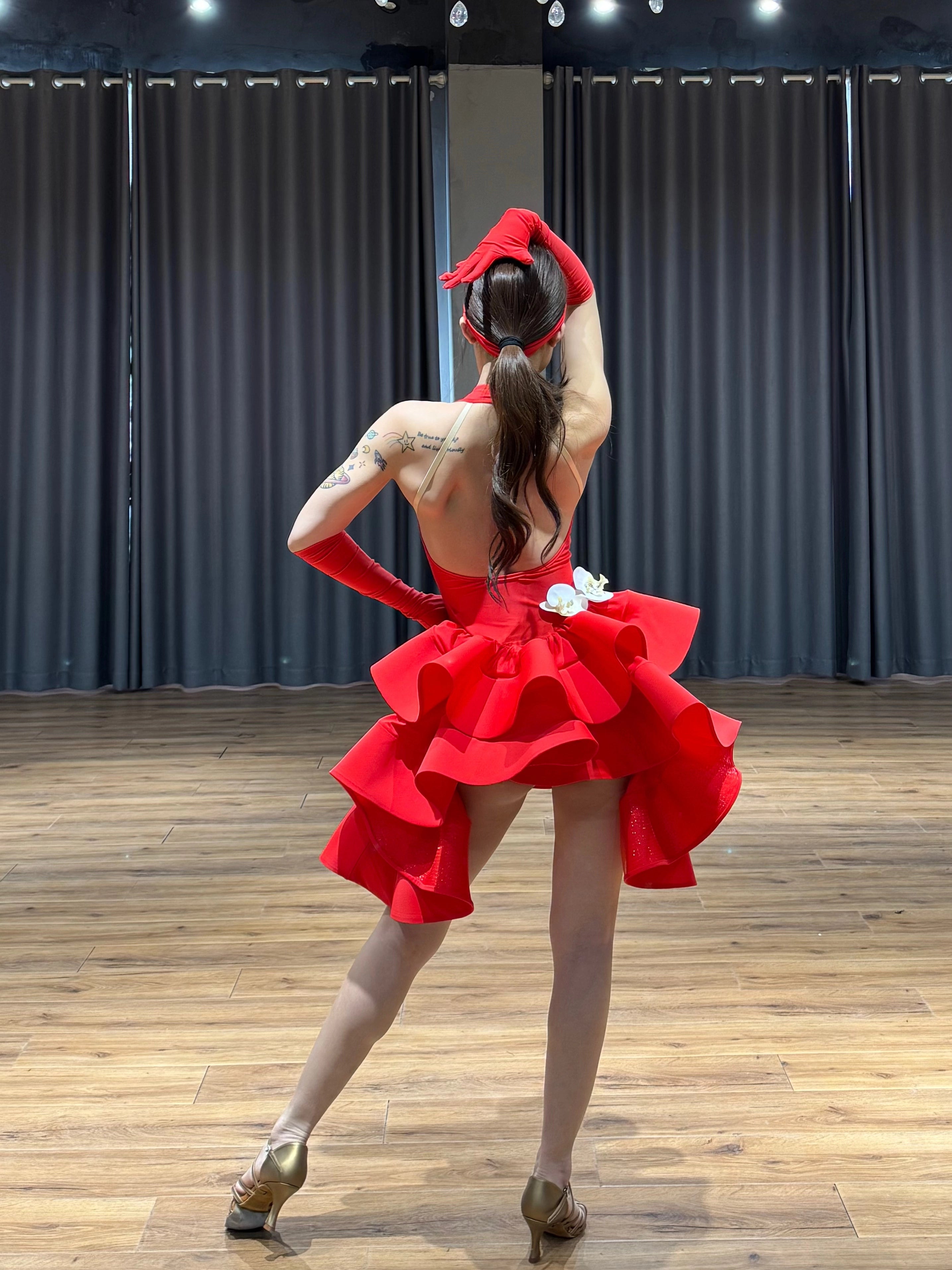 Women Latin Dance Dresses Ruffles Red Royal Blue Flowers Salsa Rumba Chacha Performance Costumes