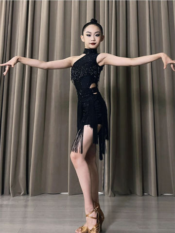 Custom size Girls kids black competition latin dance dresses juvenile gemstones salsa ballroom performance floral costume art exam skirt - Moderndancedress.com
