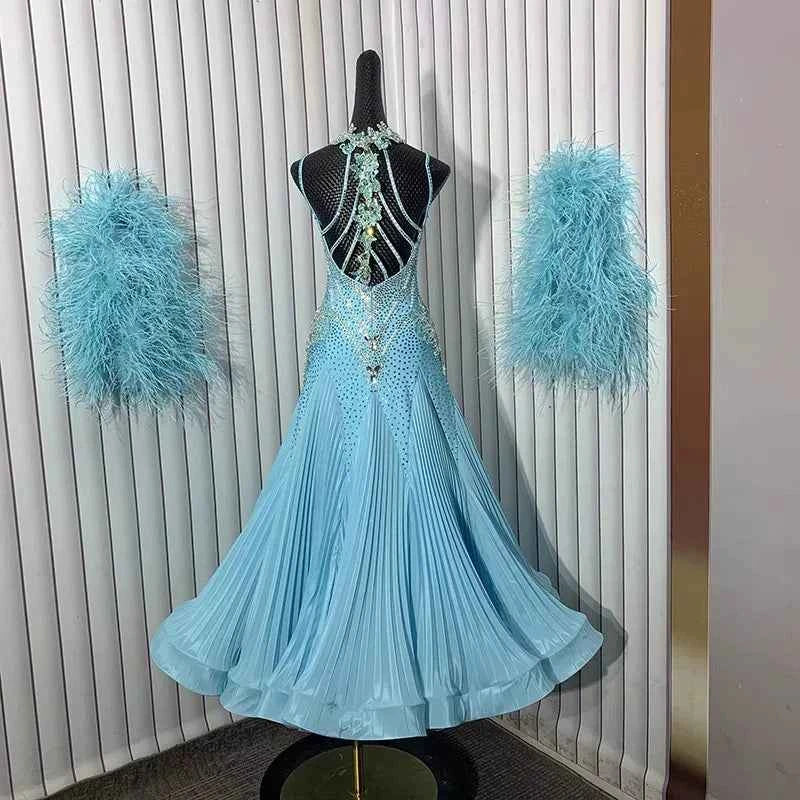 Custom Blue Competition Ballroom Dance Dress for Women Waltz Tango Smooth Foxtrot Social Dance Gown with Feather