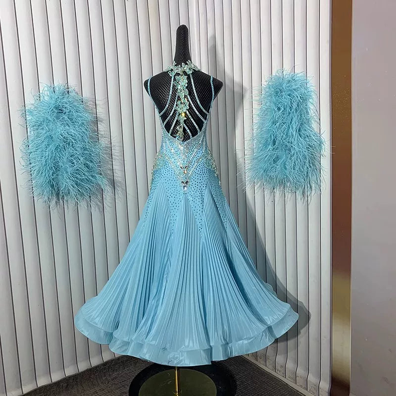 Custom Light Blue Ballroom Dance Dress with Feather Float & Rhinestones Waltz Tango Costume