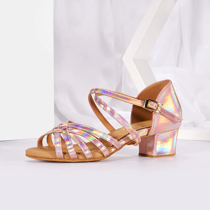 Silver Kids Latin Dance Shoes - Low Block Heel