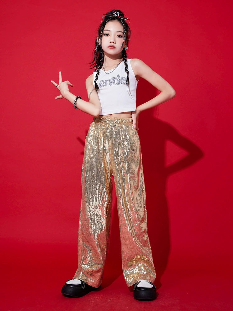 Girls Gold Sequin Jazz Dancing Costumes Gogo Dancers Hip Hop Rapper Singers Street Clothes Children's Model Show Wear - Moderndancedress.com