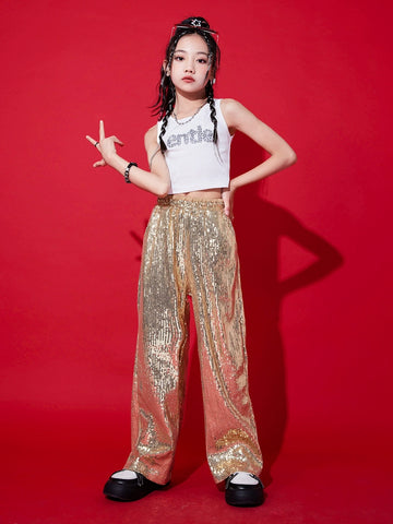 Girls Gold Sequin Jazz Dancing Costumes Gogo Dancers Hip Hop Rapper Singers Street Clothes Children's Model Show Wear - Moderndancedress.com