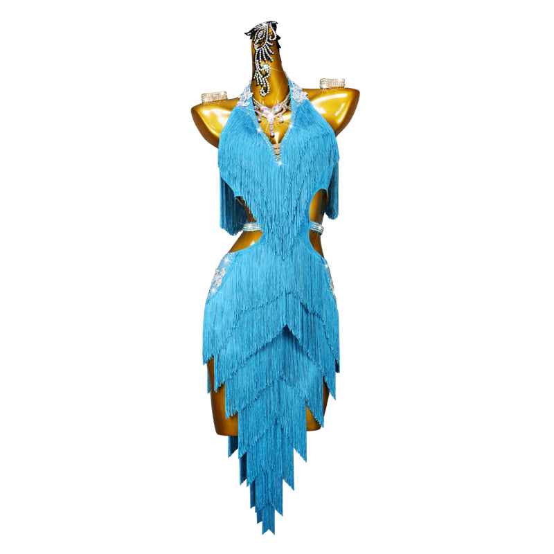 Turquoise Fringe Latin Dance Dresses for Women Girls Salsa Rumba Latin Ballroom Performance Outfits - Moderndancedress.com