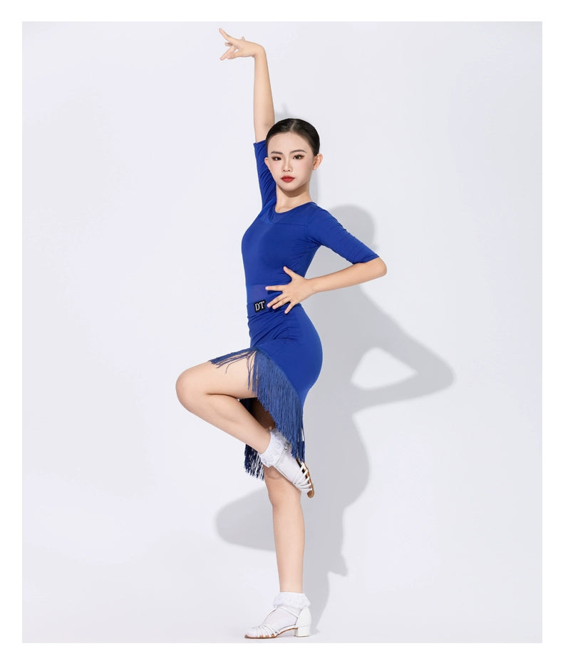 Royal Blue Fringe Latin Dance Dresses for Girls Kids Children Professional Ballroom Salsa Rumba Chacha Performance Outfits - Moderndancedress.com