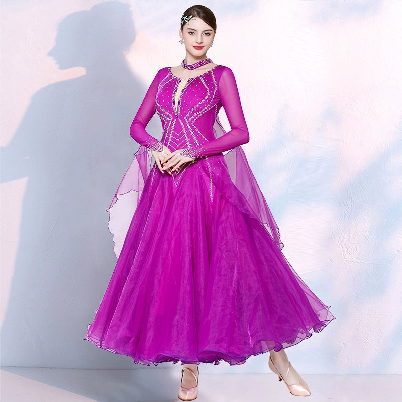 Navy Fuchsia Crystal Ballroom Dance Dresses for Women Girls Waltz Tango Competition Smooth Rhythm Dance Long Gown - Moderndancedress.com