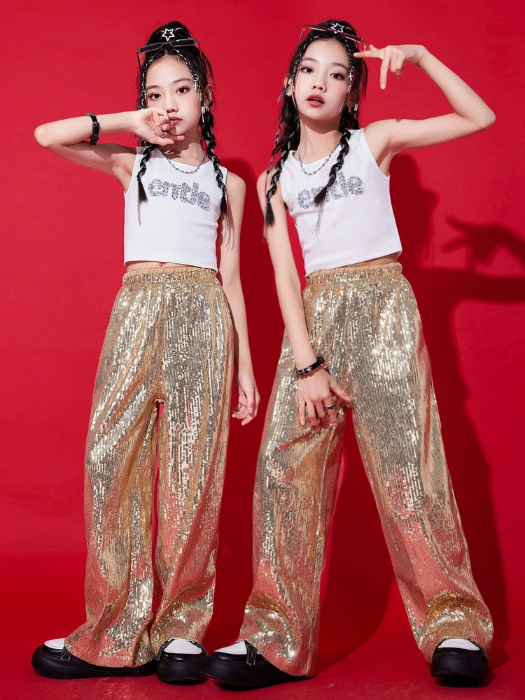 Girls Gold Sequin Jazz Dancing Costumes Gogo Dancers Hip Hop Rapper Singers Street Clothes Children's Model Show Wear - Moderndancedress.com