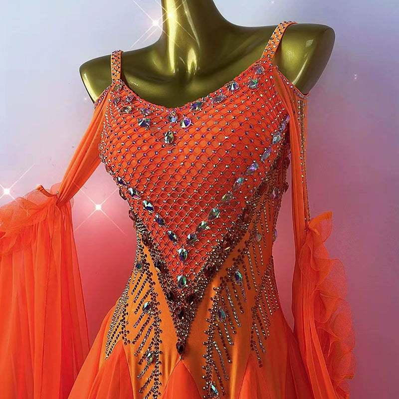 Customized Size Orange Competition Ballroom Dance Dresses for Women Girls Foxtrot Rhythm Waltz Tango Dance Gown - Moderndancedress.com