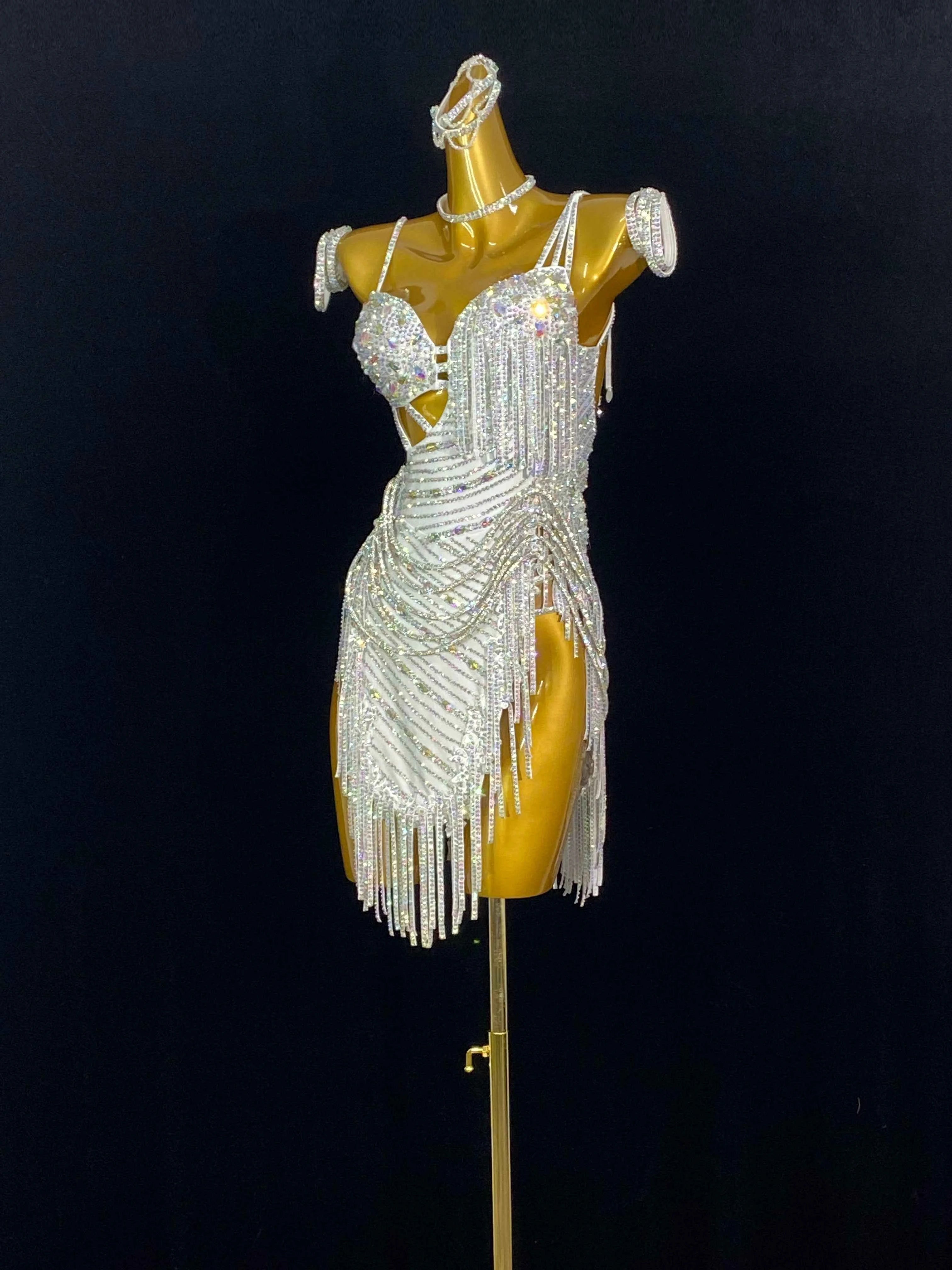 Custom Size Gold Competition Latin Dance Dresses Purple White Gemstones Fringe Salsa Chacha Dance Costumes