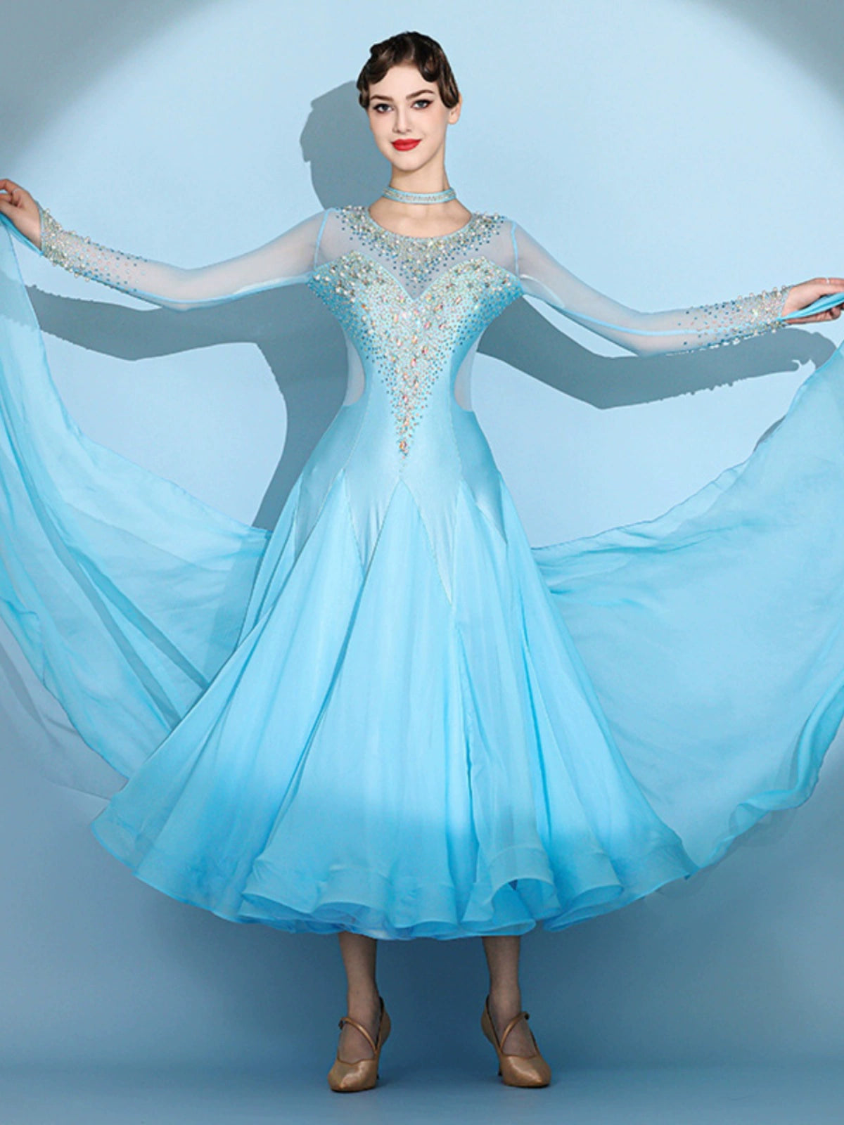 Custom size blue gemstones ballroom competition dresses for women girls children waltz tango foxtrot senior dance performance gown - Moderndancedress.com