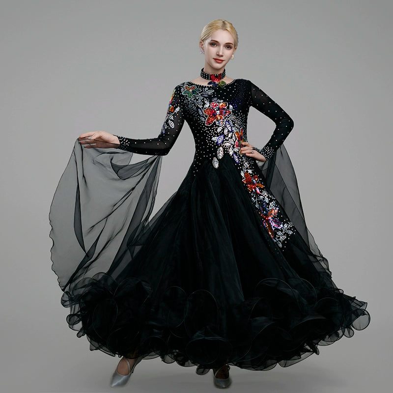 Modern Ballroom Dance Dresses for Women Girls Blue Red Black Bling Waltz Tango Foxtrot Rhythm Group Dance Costume Party Performance Ball Gown - Moderndancedress.com