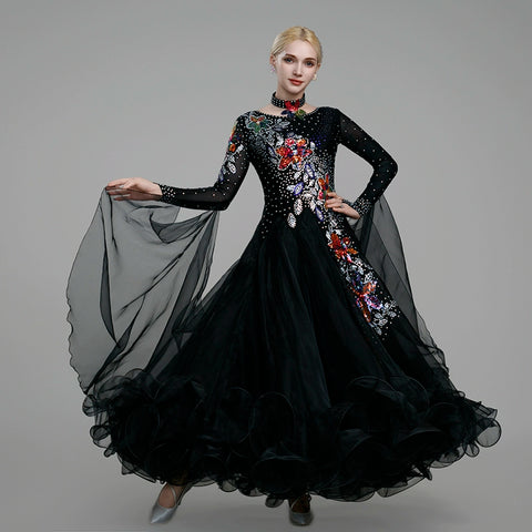 Modern Ballroom Dance Dresses for Women Girls Blue Red Black Bling Waltz Tango Foxtrot Rhythm Group Dance Costume Party Performance Ball Gown - Moderndancedress.com