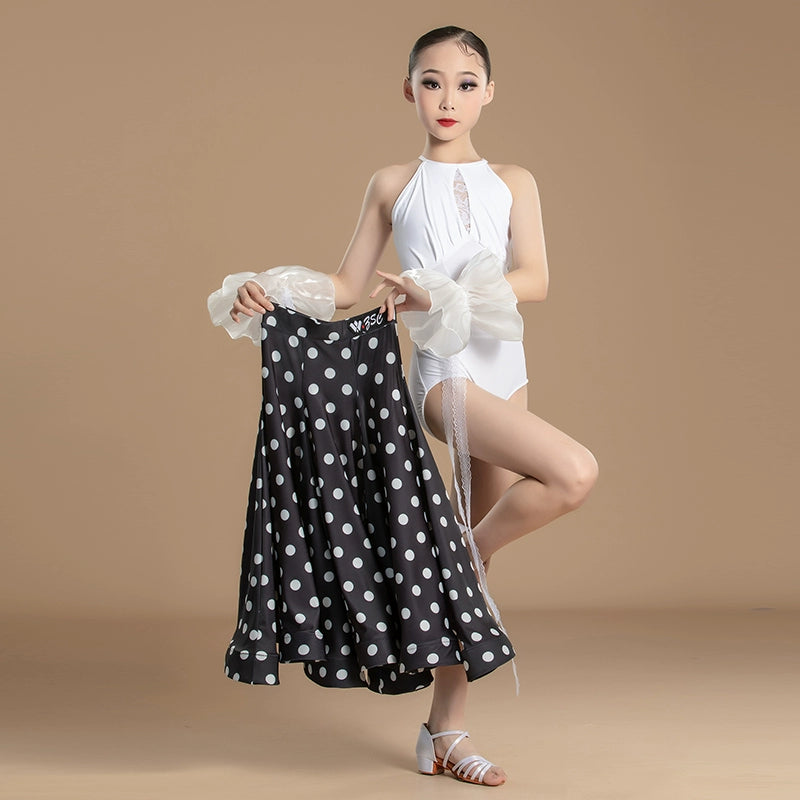 White Lace Polka Dot National Ballroom Dance Dresses for Kids Girls Competition Waltz Tango Party Performance Skirts - Moderndancedress.com