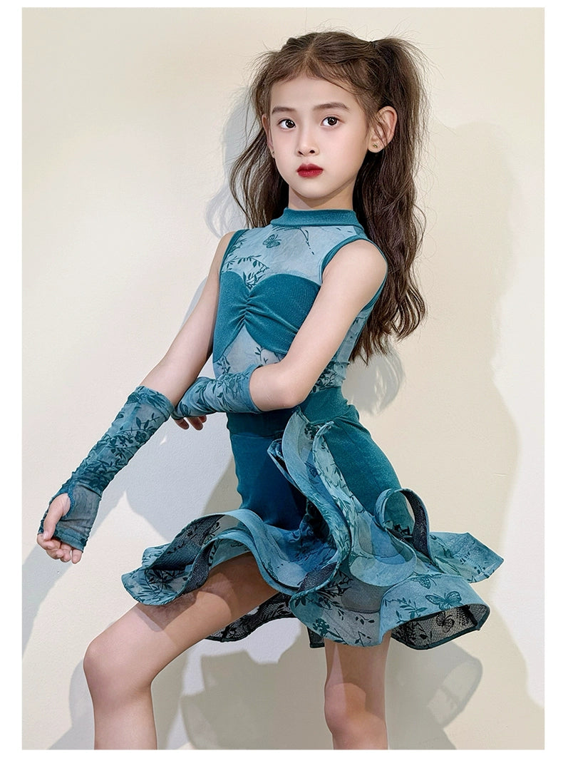 Blue Black Lace Girls Latin Dance Dresses Salsa Rumba Chacha Latin Dance Costumes for Children