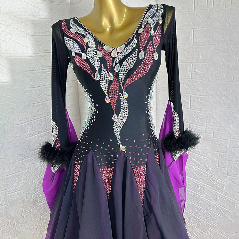 Custom Size Purple Competition Ballroom Dance Dresses for Women Girls Waltz Tango National Dance Long Gown - Moderndancedress.com