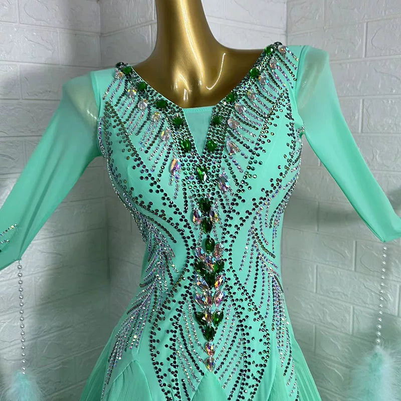 Custom Size Competition Mint Green Crystal Ballroom Dance Dress with Feathers - Waltz Foxtrot Smooth Dancing Gown