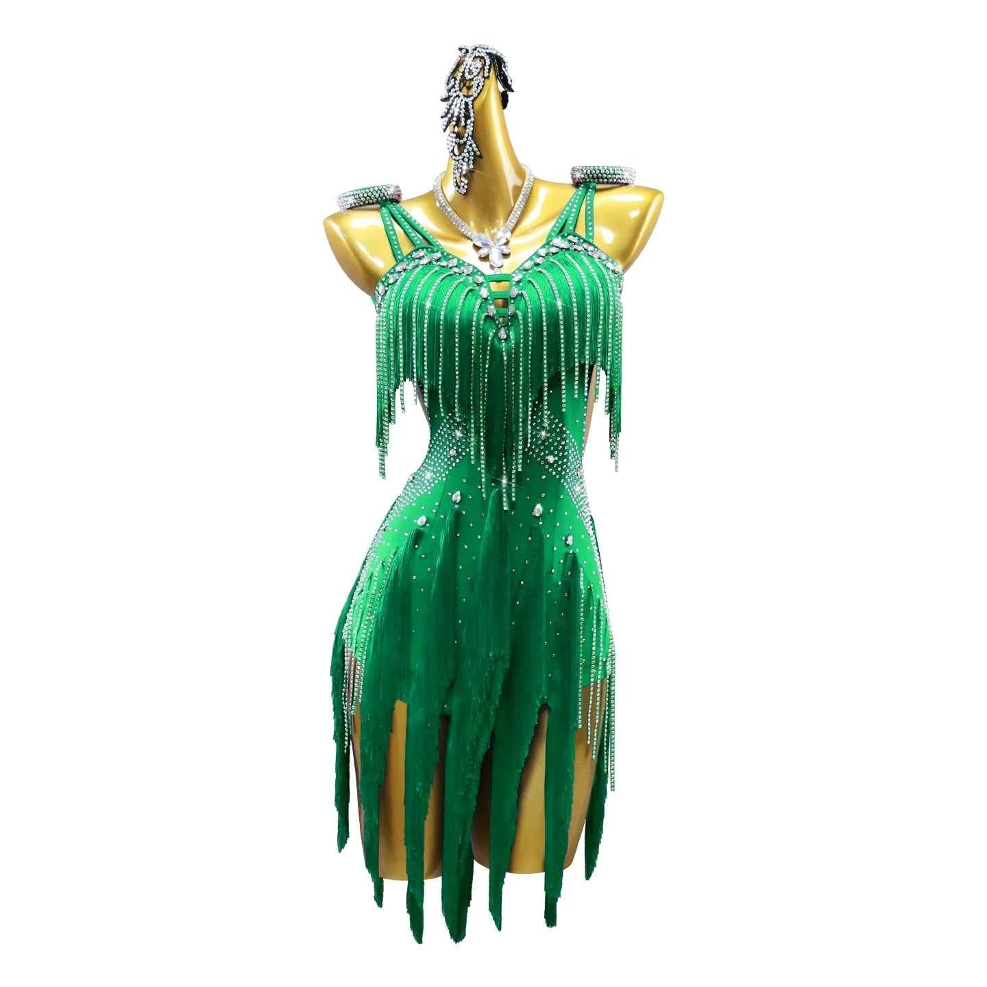 Custom Size Green Fringe Latin Dance Dresses for Women Salsa Rumba Chacha Ballroom Dance Costumes