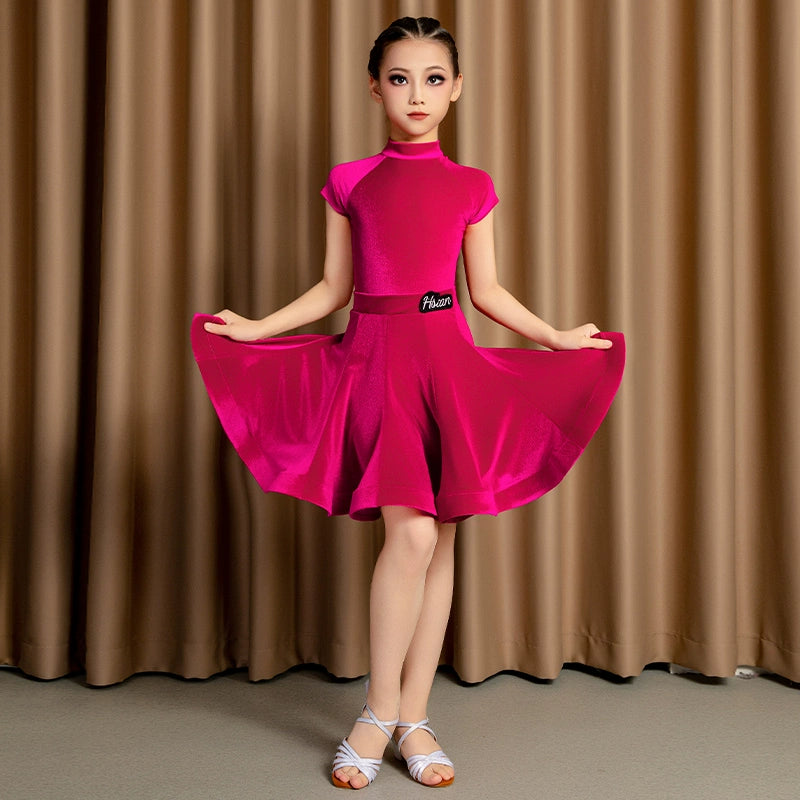 dresses for short girls Girls Latin Dance Dresses Short Sleeves Fuchsia Black Velvet Ballroom – Moderndancedress.com