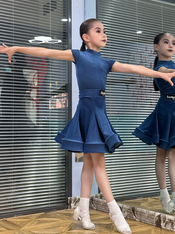 Children girls Latin dance dresses pink purple short-sleeved  ultra-thin velvet test competition ballroom latin salsa performance clothing - Moderndancedress.com