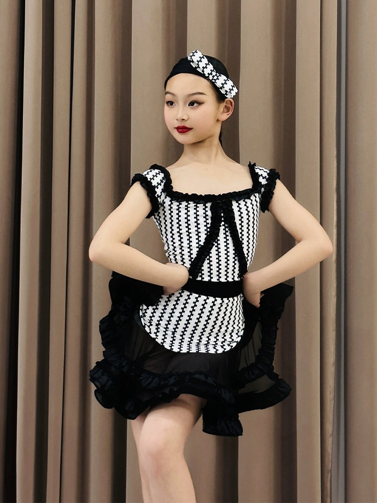 Black white plaid Latin dance dresses for kids girls salsa rumba latin stage performance dance uniforms for children - Moderndancedress.com