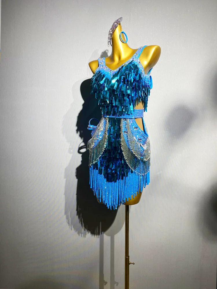 Custom Size Competition Turquoise Latin Dance Dress Bling Fringe Fuchsia Blackpool Performance Clothes