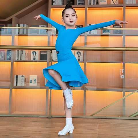 Blue green Latin ballroom dance competition dresses for girls kids salsa rumba chacha  standard dance uniforms - Moderndancedress.com