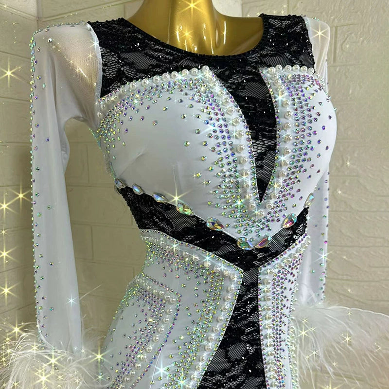 Customized Size Ballroom Dance Dresses for Women Competition White Black Ostrich Feather Waltz Tango Performance Long Gown