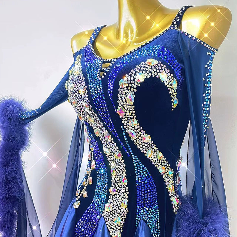 Custom Size Blue Ballroom Dance Dresses for Women Girls Waltz Tango Rhythm Smooth Modern Dance Long Gown for Female - Moderndancedress.com