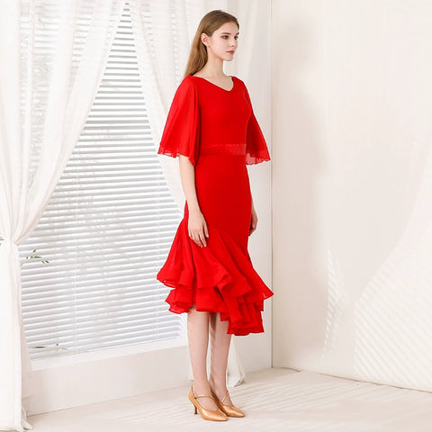 Long Latin Dance Dress for Women Red Modern Ruffles Sleeves Ballroom Dance Costume Waltz Tango Performance Clothes for Female - Moderndancedress.com