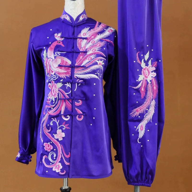 Custom Size Tai Chi Clothing Dark Green Embroidered Phoenix Wushu Martial Arts Kunfu Group Performance Uniforms - Moderndancedress.com