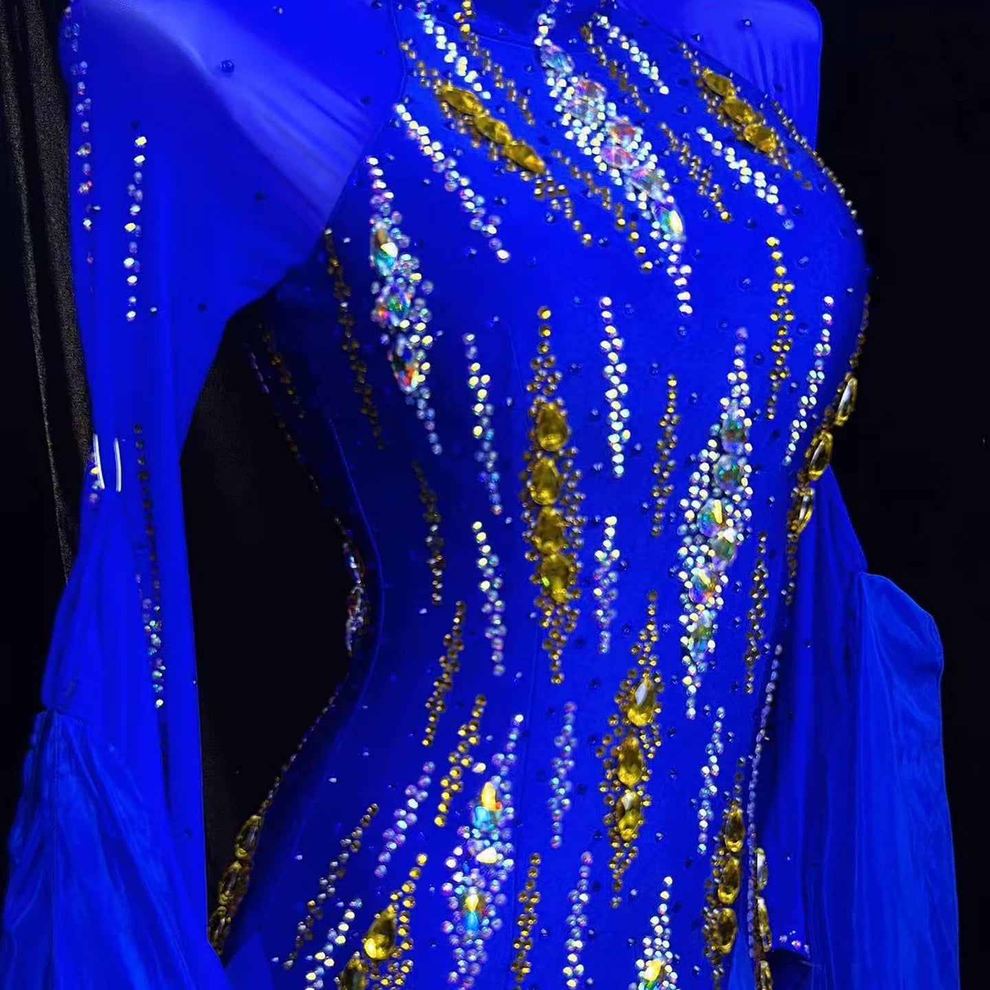 Custom Size Royal Blue Ballroom Competition Dress Gold Rhinestone Waltz Smooth Gown