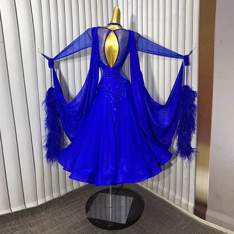 Custom Size Royal Blue Ballroom Dance Dresses for Women Rhinestones Tango Foxtrot  Waltz Modern Dance Long Gown