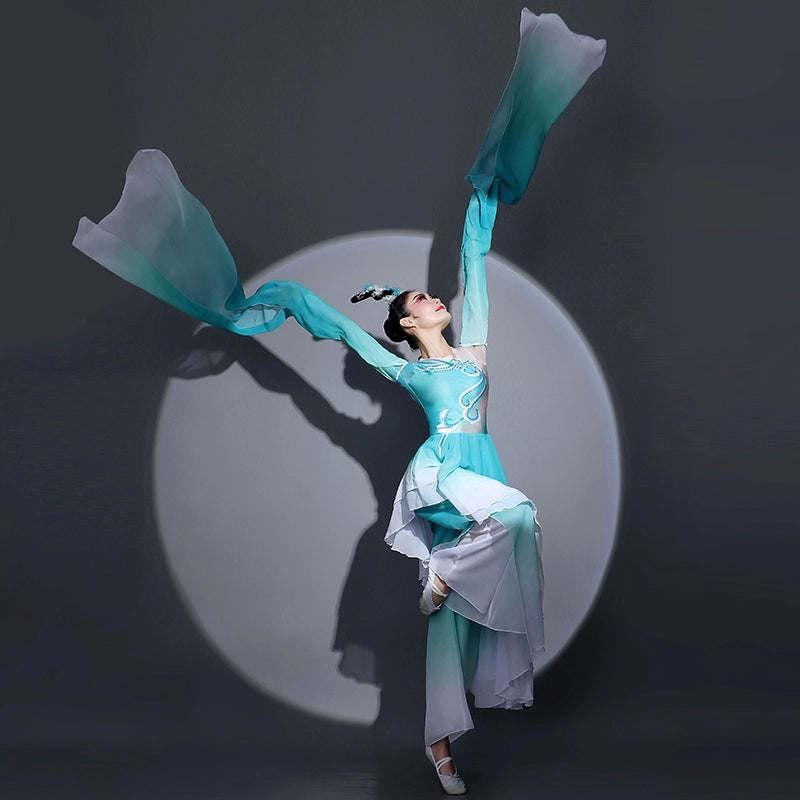 Women chinese folk Water sleeve dance costume blue caiwei dance classical fairy hanfu art test  repertoire performance clothes - Moderndancedress.com