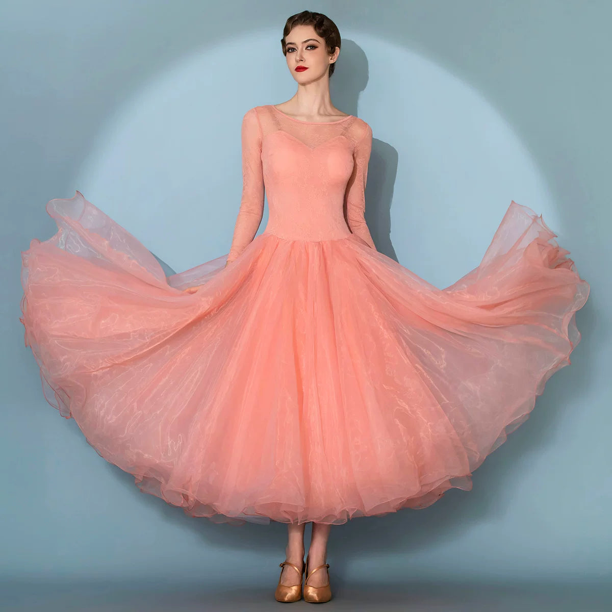 Women Burgundy Ballroom Dance Dress with Sheer Lace Sleeves Waltz Foxtrot Dance Gown