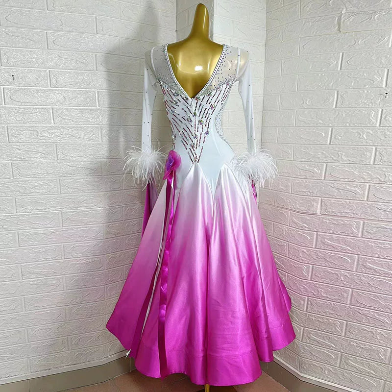 Customized Size Fuchsia White Gradient Ballroom Dance Dress for Women Smooth Foxtrot Rhythm Dancing Gown