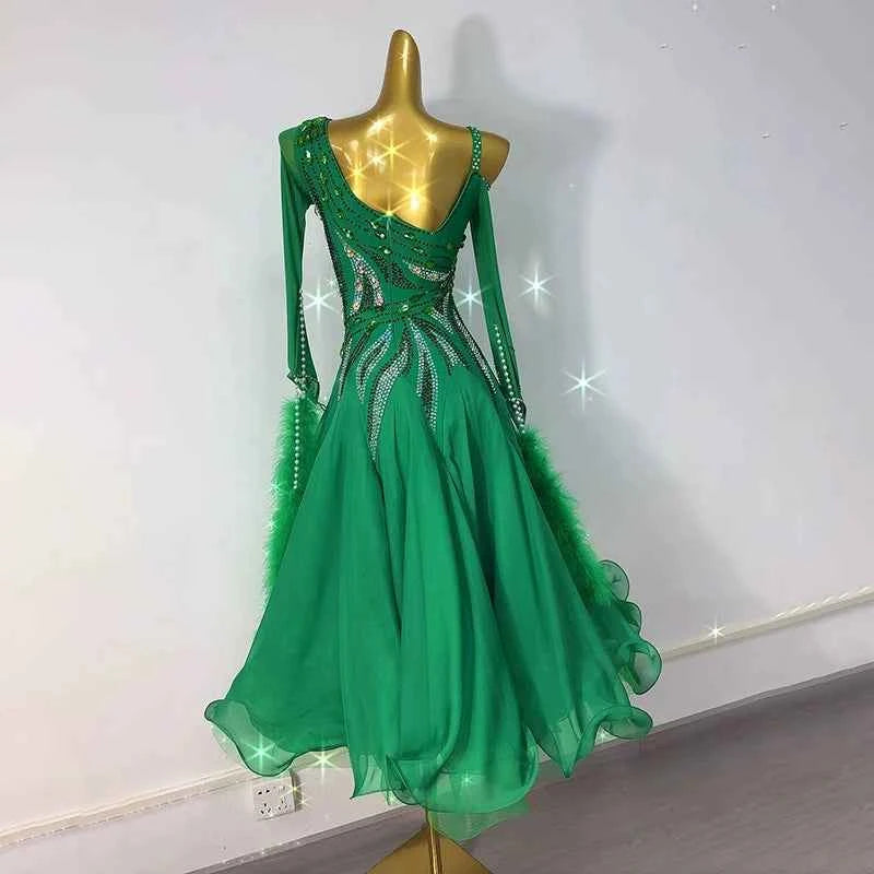 Customized Size Green Ballroom Dance Dresses for Women Girls Rhinestones Waltz Tango Rhythm Dancing Costumes