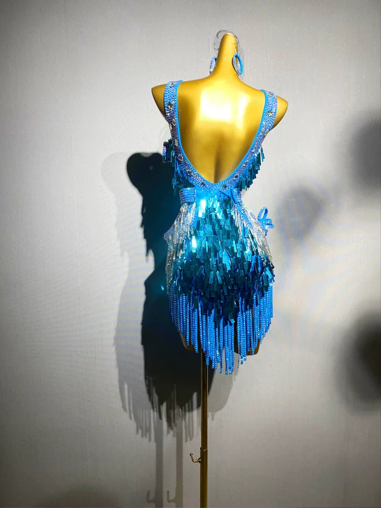 Custom Size Competition Turquoise Latin Dance Dress Bling Fringe Fuchsia Blackpool Performance Clothes