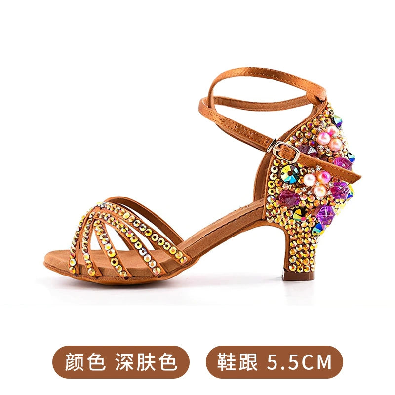 Bronze White Gemstones Latin Dance Shoes for Women Girls Pearl Purple Gemstones High-heeled Latin Ballroom Tango Salsa Jive Chacha Dance Sandals - Moderndancedress.com
