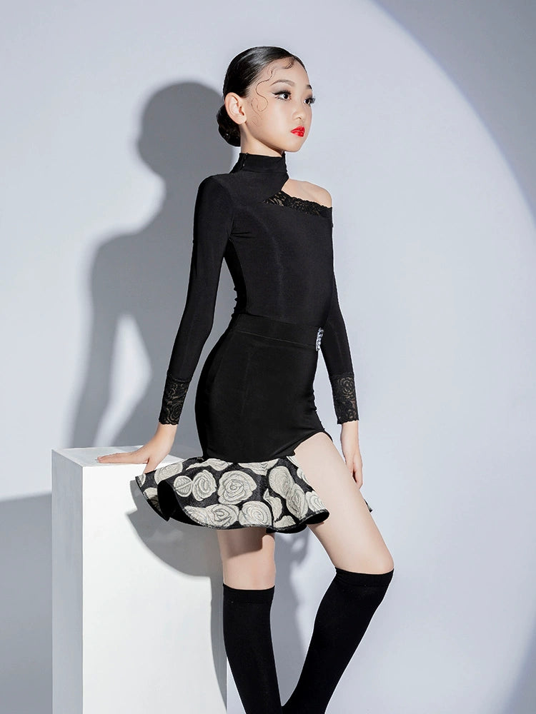 Girls Black with Rose Flowers Latin Dance Dresses for Kids Slant Neck Long Sleeves Salsa Rumba Chacha Professional Dance Costumes for Children - Moderndancedress.com