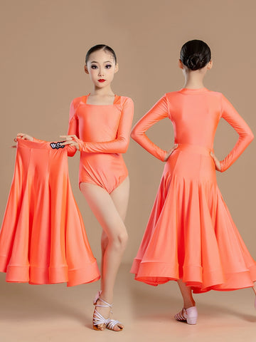 Modern ballroom dance dresses for girls kids orange green waltz tango regulation latin ballroom standard dance clothes Large skirt - Moderndancedress.com