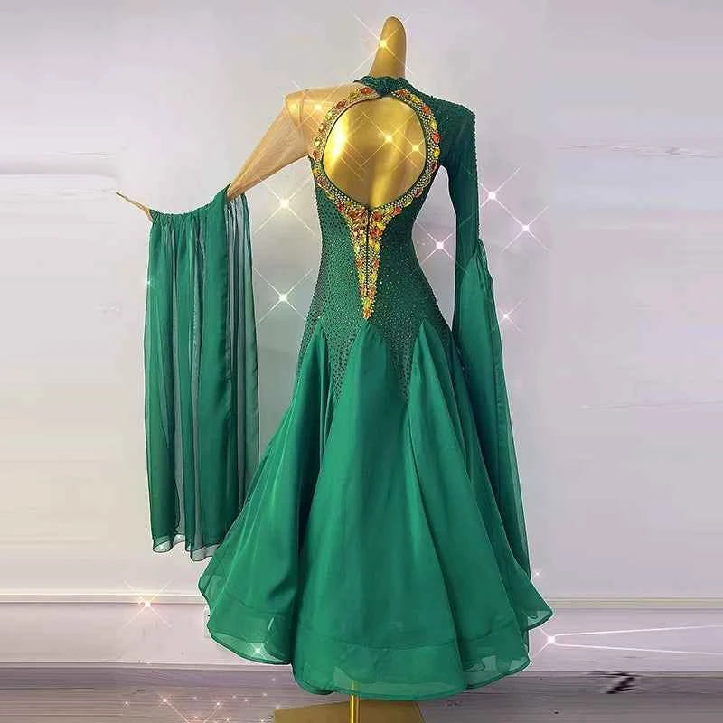 Custom Size Women's Green Ballroom Dance Dresses Gold Stones Smooth Dance Long Skirt