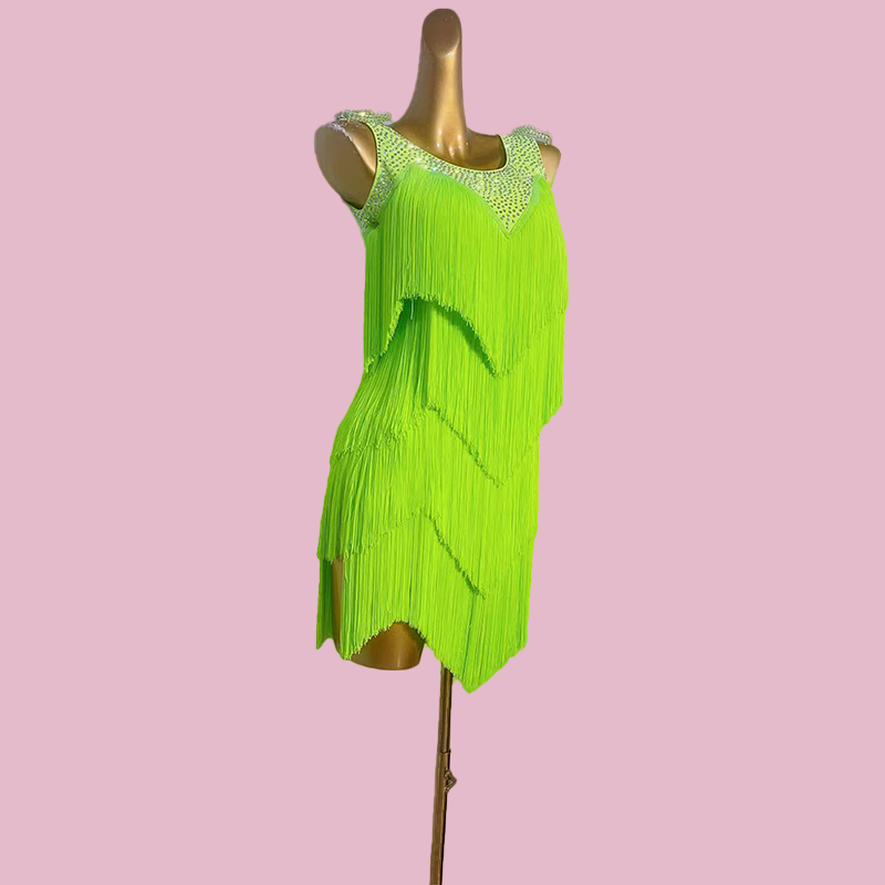 Custom Size Neon Green Fringe Latin Dance Dresses for Women Girls Competition Salsa Rumba Chacha Art Test Dance Skirt Performance Costumes - Moderndancedress.com