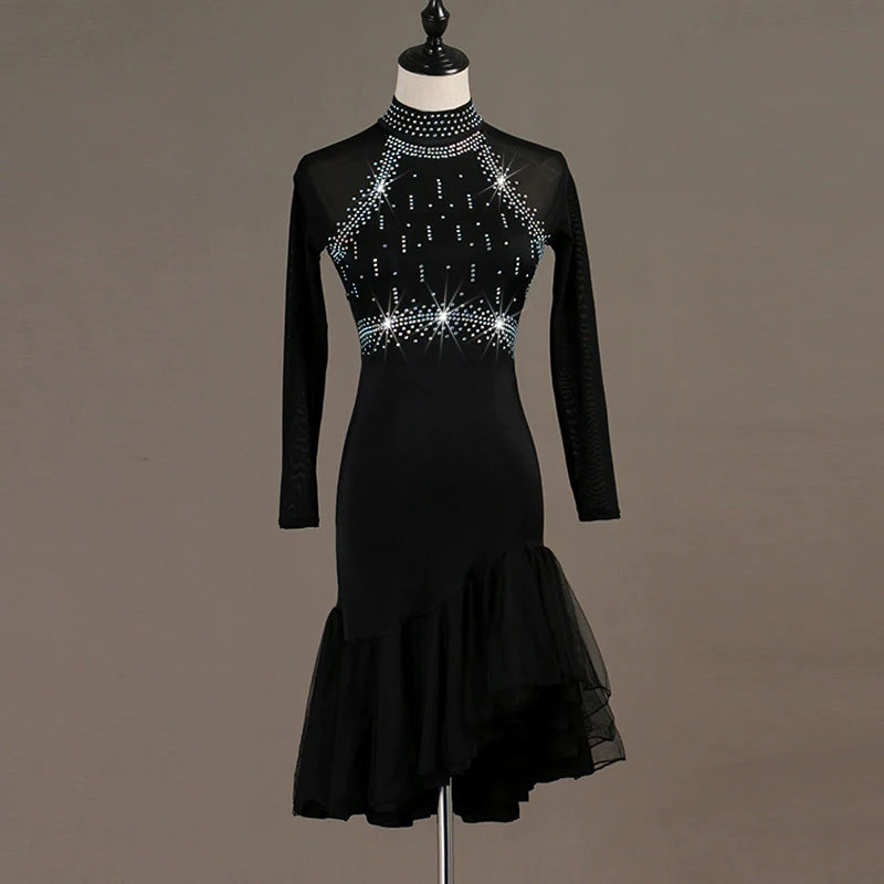 Latin Dance Dresses professional high-end drill-inlaid Rumba three-step performance clothes Rhinestones Long Sleev Dress