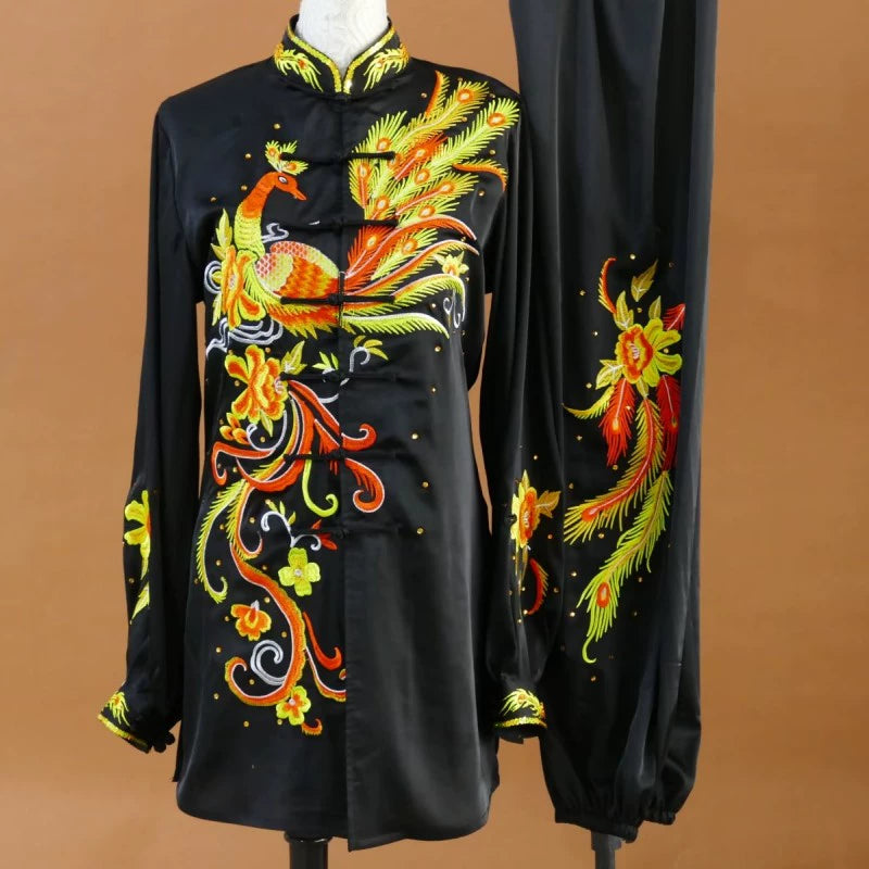 Custom Size Tai Chi Clothing Dark Green Embroidered Phoenix Wushu Martial Arts Kunfu Group Performance Uniforms - Moderndancedress.com