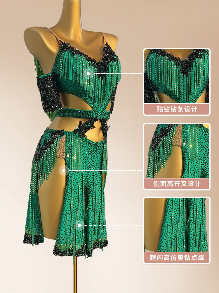 Custom Size Green Fringe Competition Latin Dance Dresses for Women Salsa Rumba Chacha Blackpool Dance Wear