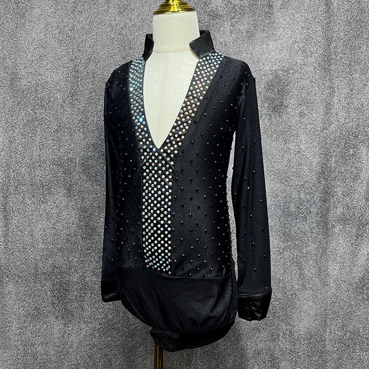 Black Latin Ballroom Dance shirts for kids boy diamond Competition PerformanceTraining Dance body tops Long Sleeves for kids - Moderndancedress.com