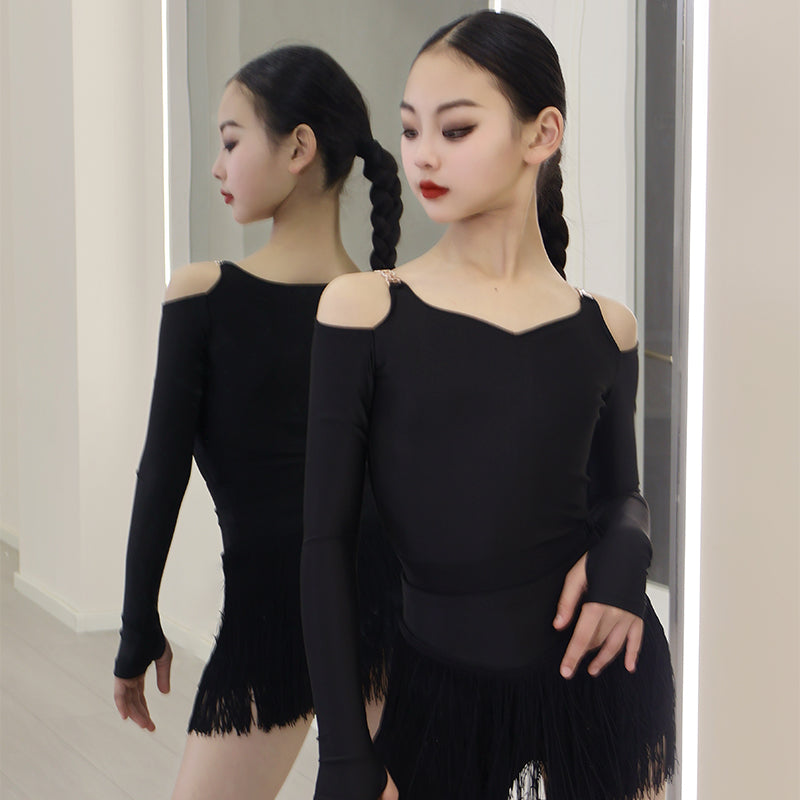 Girls Dark Green Fringe Latin Dance Dressesfor Kids Children Wine Black Hollow Shoulder Salsa Rumba Chacha Performance Clothes - Moderndancedress.com