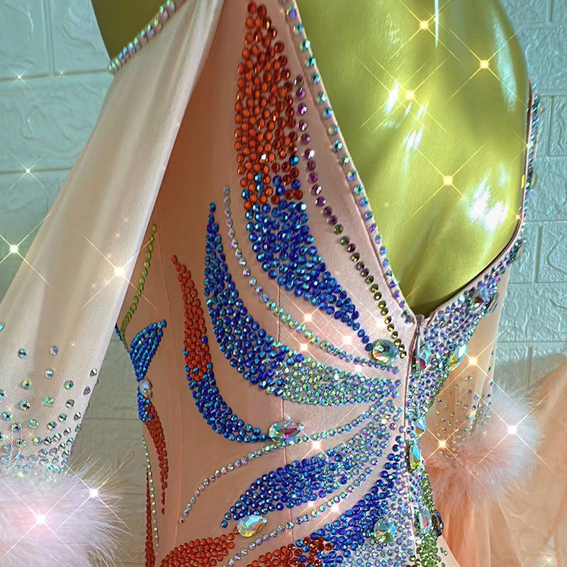 Customized Size Crystal Competition Light Orange Ballroom Dance Dresses for Women Girls Feather Rhythm Foxtort Smooth Waltz Dancing Long Gown - Moderndancedress.com